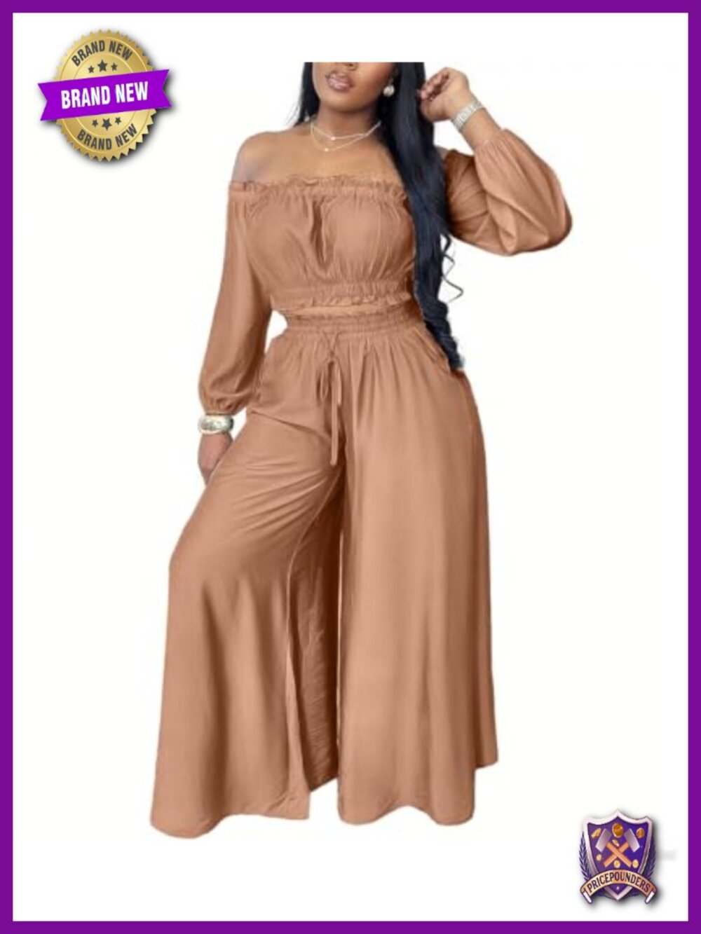 Off Shoulder Puff Sleeve Two Piece Pant Set Long Sleeve Women's Going Out